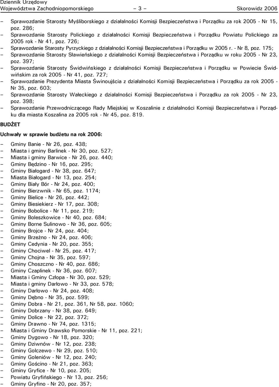 726; Sprawozdanie Starosty Pyrzyckiego z działalności Komisji Bezpieczeństwa i Porządku w 2005 r. - Nr 8, poz.