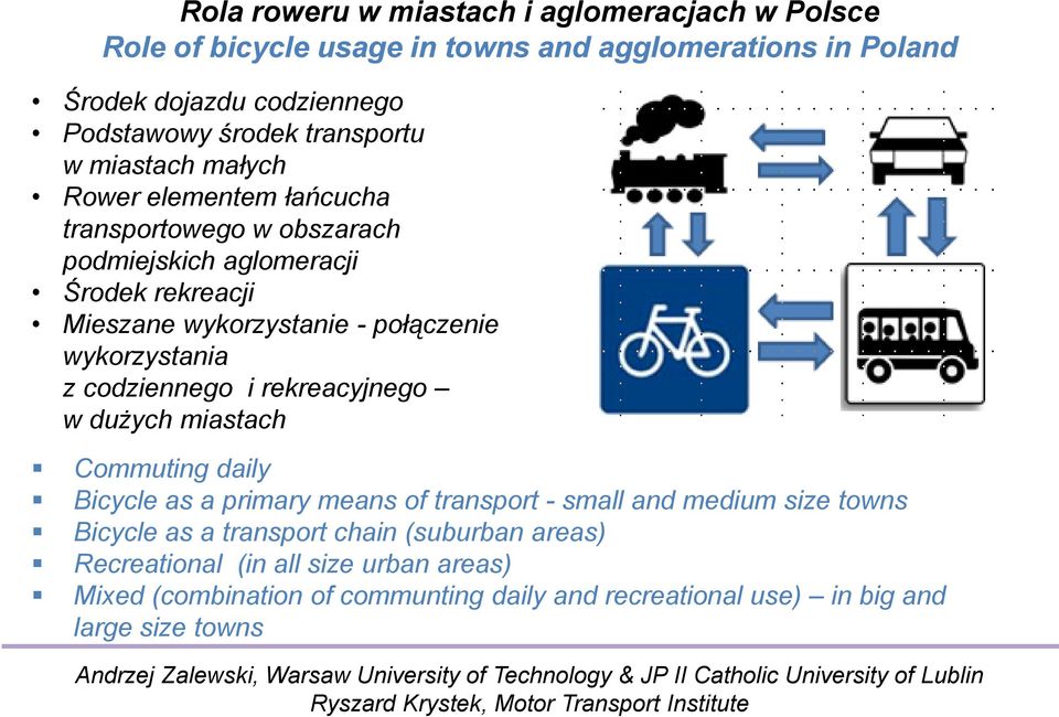 wykorzystania z codziennego i rekreacyjnego w dużych miastach Commuting daily Bicycle as a primary means of transport - small and medium size towns Bicycle as