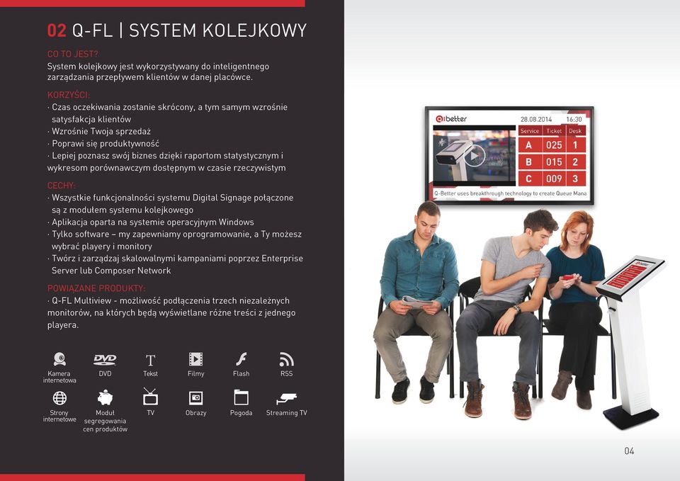 wykresom porównawczym dostępnym w czasie rzeczywistym CECHY: Wszystkie funkcjonalności systemu Digital Signage połączone są z modułem systemu kolejkowego Aplikacja oparta na systemie operacyjnym