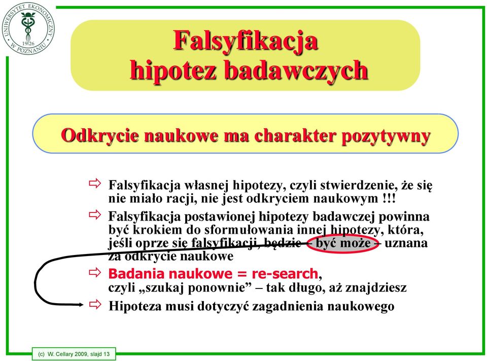 !! Falsyfikacja postawionej hipotezy badawczej powinna być krokiem do sformułowania innej hipotezy, która, jeśli oprze się