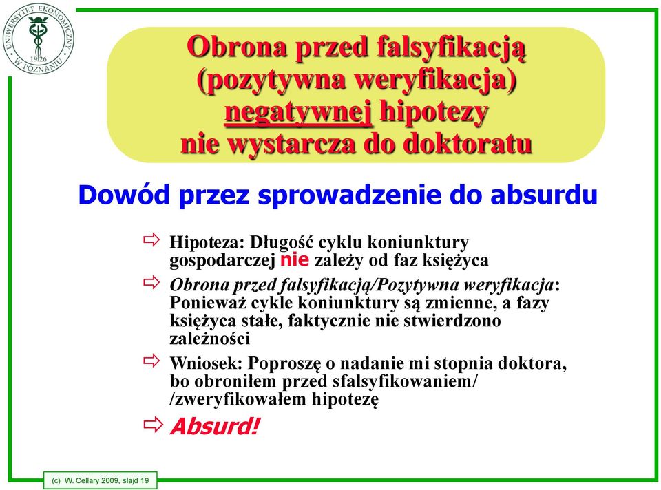 weryfikacja: Ponieważ cykle koniunktury są zmienne, a fazy księżyca stałe, faktycznie nie stwierdzono zależności Wniosek: