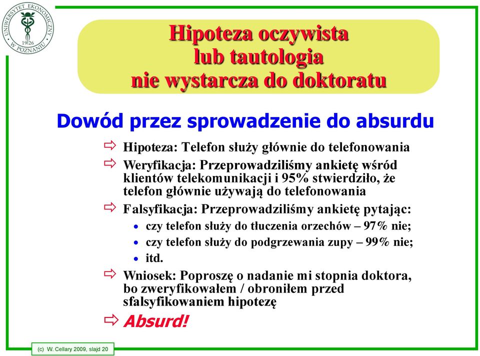 telefonowania Falsyfikacja: Przeprowadziliśmy ankietę pytając: czy telefon służy do tłuczenia orzechów 97% nie; czy telefon służy do