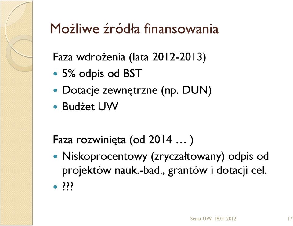DUN) Budżet UW Faza rozwinięta (od 2014 ) Niskoprocentowy