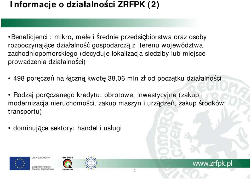 działalności) 498 poręczeń na łączną kwotę 38,06 mln zł od początku działalności Rodzaj poręczanego kredytu: obrotowe,