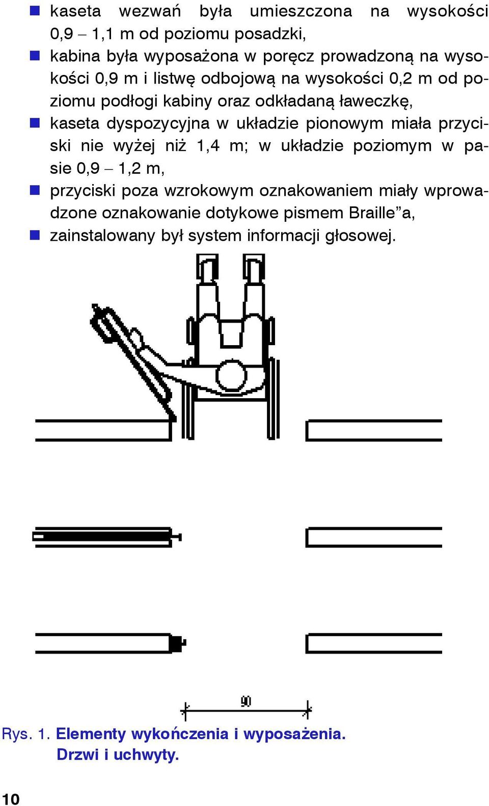 przyciski nie wyżej niż 1,4 m; w układzie poziomym w pasie 0,9 1,2 m, przyciski poza wzrokowym oznakowaniem miały wprowadzone