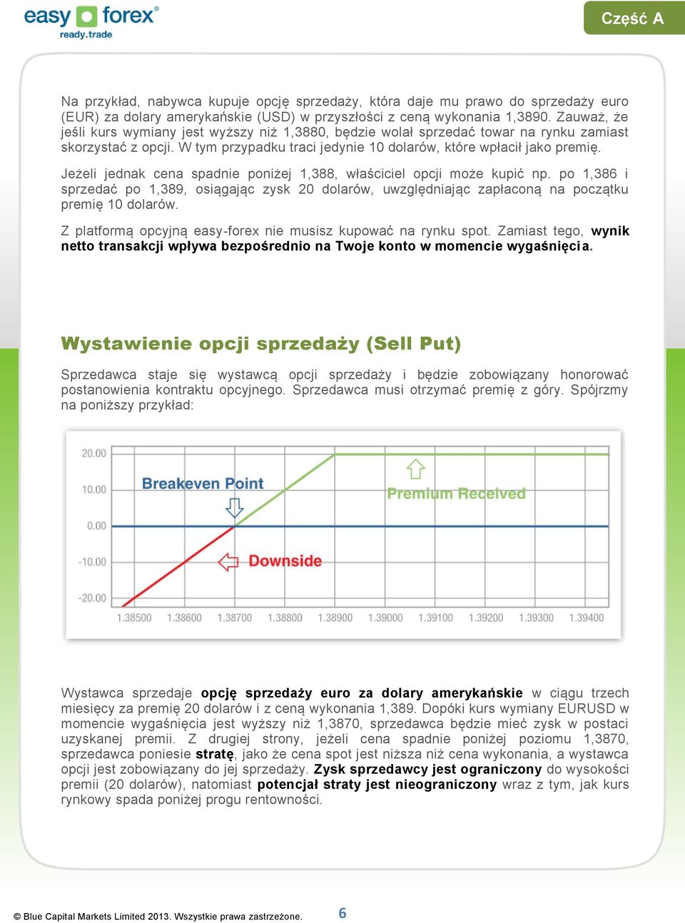 Jeżeli jednak cena spadnie poniżej 1,388, właściciel opcji może kupić np. po 1,386 i sprzedać po 1,389, osiągając zysk 20 dolarów, uwzględniając zapłaconą na początku premię 10 dolarów.