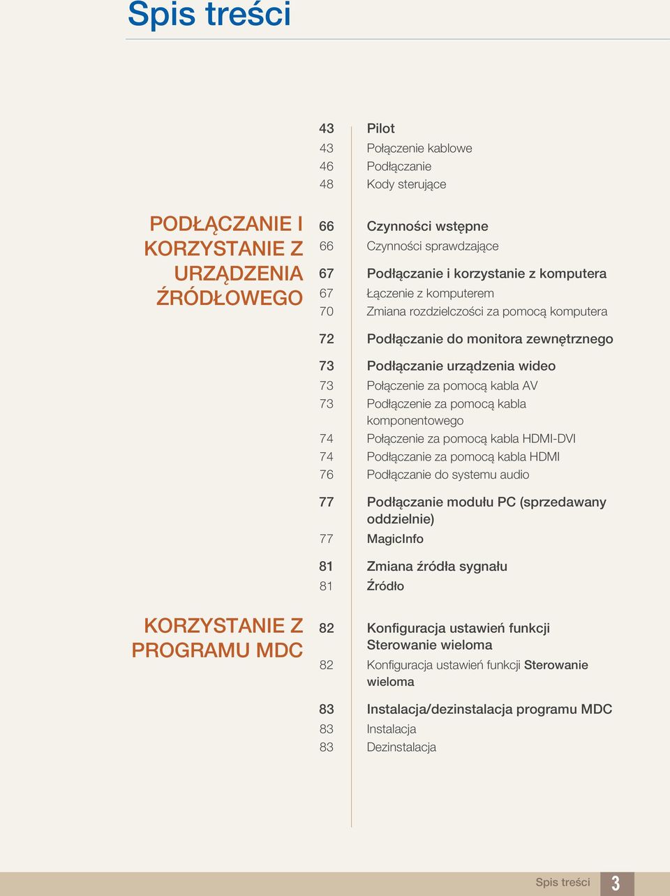 73 Podłączenie za pomocą kabla komponentowego 74 Połączenie za pomocą kabla HDMI-DVI 74 Podłączanie za pomocą kabla HDMI 76 Podłączanie do systemu audio 77 Podłączanie modułu PC (sprzedawany