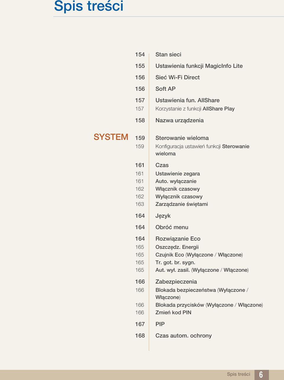 161 Auto. wyłączanie 162 Włącznik czasowy 162 Wyłącznik czasowy 163 Zarządzanie świętami 164 Język 164 Obróć menu 164 Rozwiązanie Eco 165 Oszczędz.