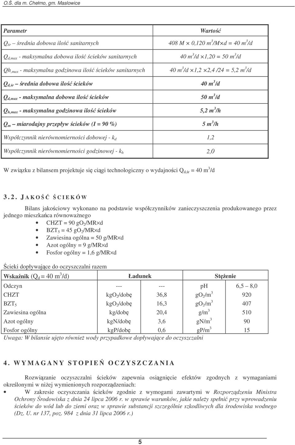 m miarodajny przepływ cieków (I = 90 %) 5 m 3 /h Współczynnik nierównomiernoci dobowej - k d 1,2 Współczynnik nierównomiernoci godzinowej - k h 2,0 W zwizku z bilansem projektuje si cigi