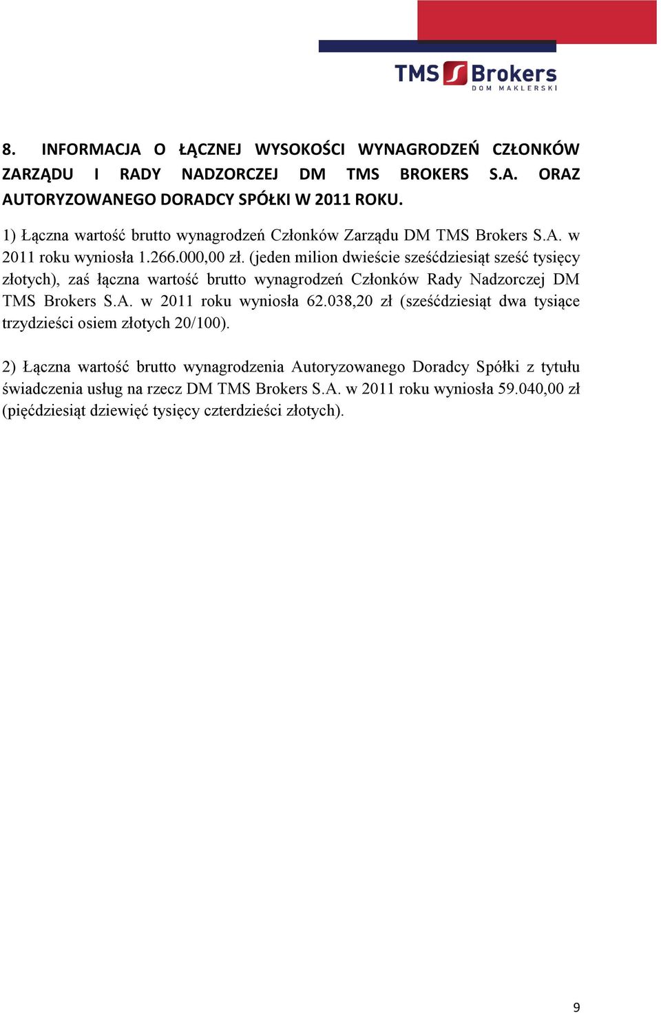 (jeden milion dwieście sześćdziesiąt sześć tysięcy złotych), zaś łączna wartość brutto wynagrodzeń Członków Rady Nadzorczej DM TMS Brokers S.A. w 2011 roku wyniosła 62.