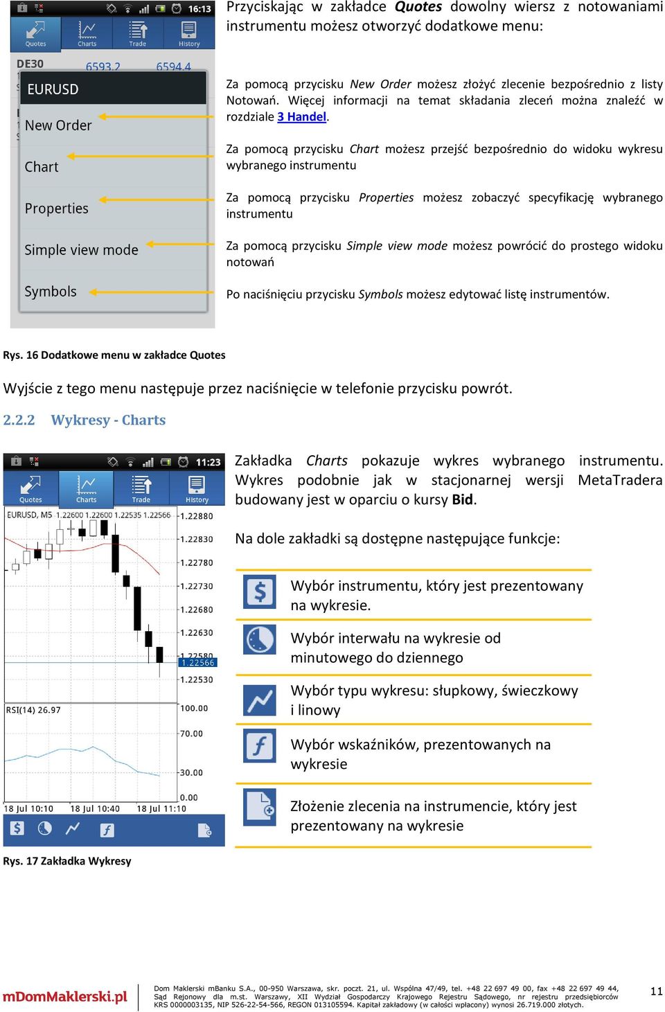 Za pomocą przycisku Chart możesz przejść bezpośrednio do widoku wykresu wybranego instrumentu Za pomocą przycisku Properties możesz zobaczyć specyfikację wybranego instrumentu Za pomocą przycisku