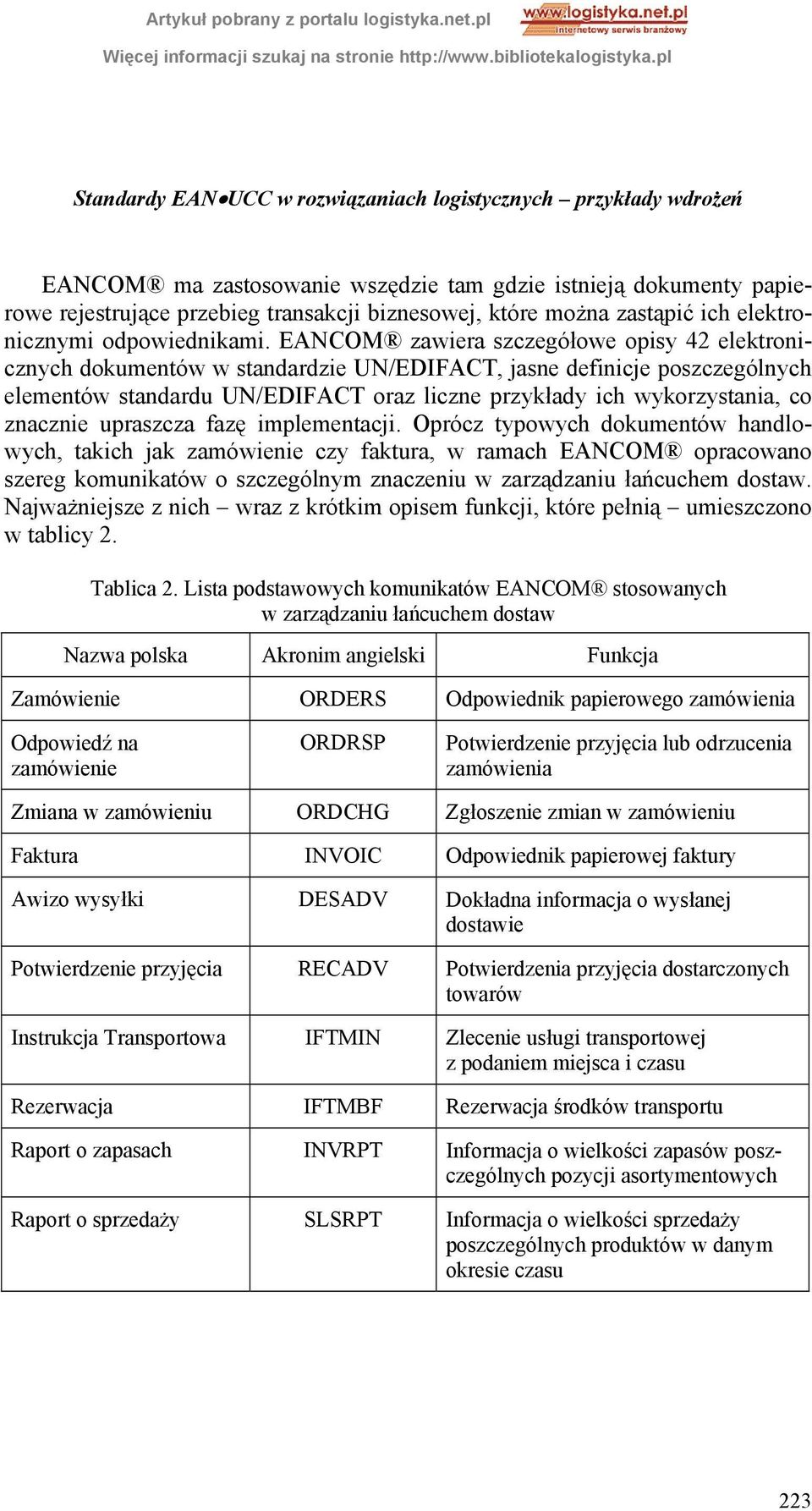 EANCOM zawiera szczegółowe opisy 42 elektronicznych dokumentów w standardzie UN/EDIFACT, jasne definicje poszczególnych elementów standardu UN/EDIFACT oraz liczne przykłady ich wykorzystania, co