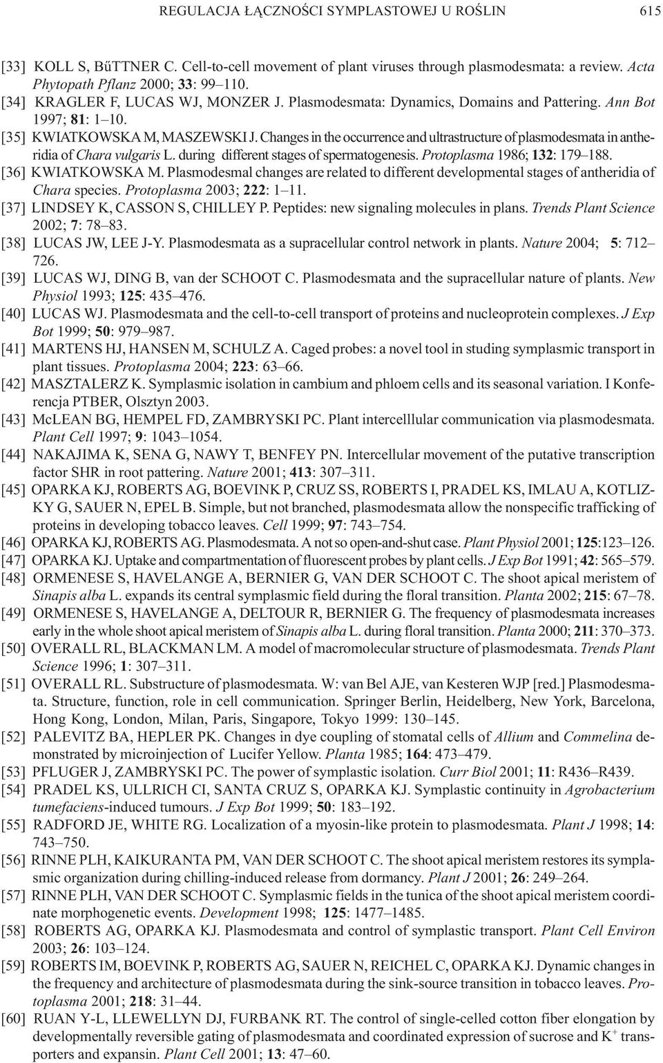 Changes in the occurrence and ultrastructure of plasmodesmata in antheridia of Chara vulgaris L. during different stages of spermatogenesis. Protoplasma 1986; 132: 179 188. [36] KWIATKOWSKA M.
