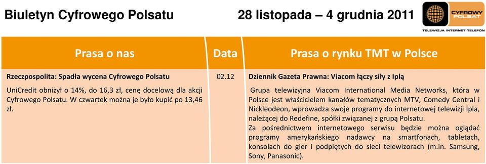 12 Dziennik Gazeta Prawna: Viacom łączy siły z Iplą Grupa telewizyjna Viacom International Media Networks, która w Polsce jest właścicielem kanałów tematycznych MTV, Comedy Central i