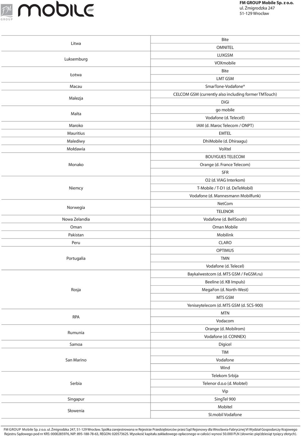 Dhiraagu) VoXtel BOUYGUES TELECOM Orange (d. France Telecom) SFR O2 (d. VIAG Interkom) T-Mobile / T-D1 (d. DeTeMobil) (d. Mannesmann Mobilfunk) NetCom TELENOR (d.