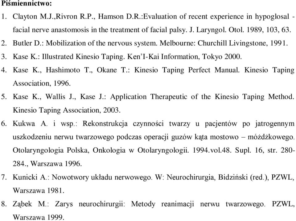 : Kinesio Taping Perfect Manual. Kinesio Taping Association, 1996. 5. Kase K., Wallis J., Kase J.: Application Therapeutic of the Kinesio Taping Method. Kinesio Taping Association, 2003. 6. Kukwa A.