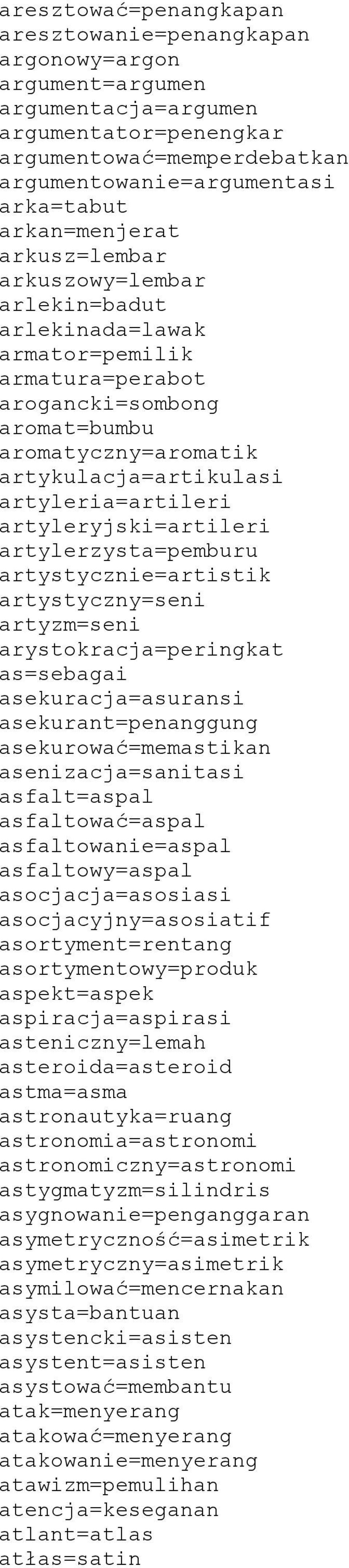 artyleria=artileri artyleryjski=artileri artylerzysta=pemburu artystycznie=artistik artystyczny=seni artyzm=seni arystokracja=peringkat as=sebagai asekuracja=asuransi asekurant=penanggung