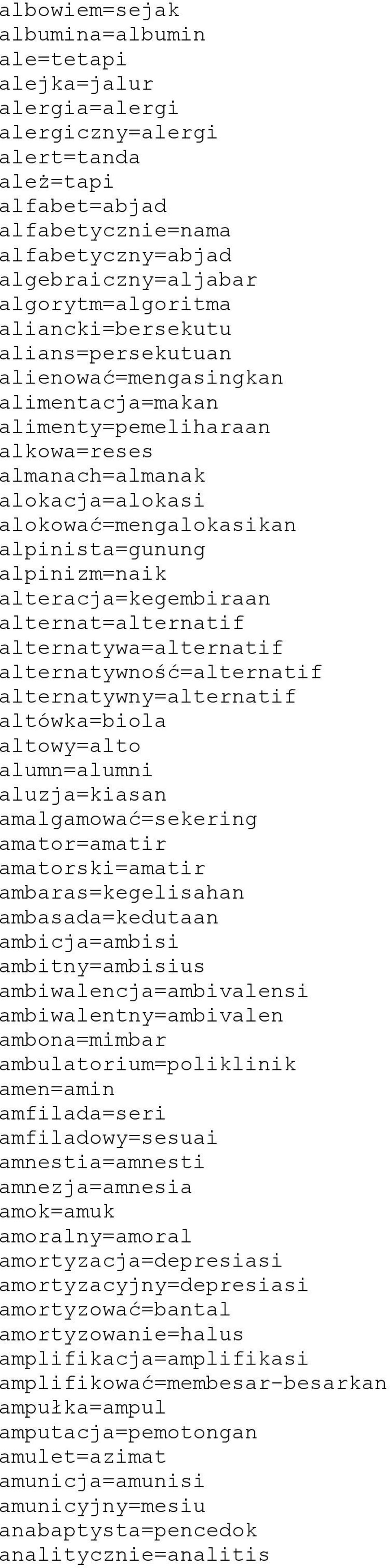 alpinista=gunung alpinizm=naik alteracja=kegembiraan alternat=alternatif alternatywa=alternatif alternatywność=alternatif alternatywny=alternatif altówka=biola altowy=alto alumn=alumni aluzja=kiasan