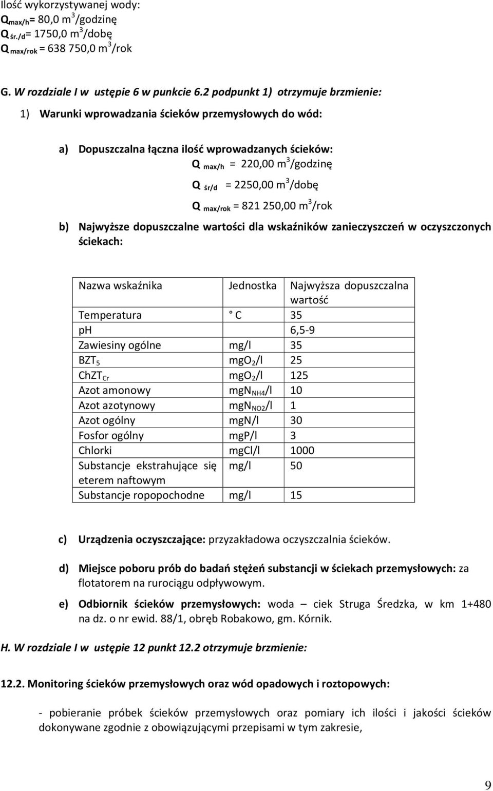 max/rok = 821 250,00 m 3 /rok b) Najwyższe dopuszczalne wartości dla wskaźników zanieczyszczeń w oczyszczonych ściekach: Nazwa wskaźnika Jednostka Najwyższa dopuszczalna wartość Temperatura C 35 ph