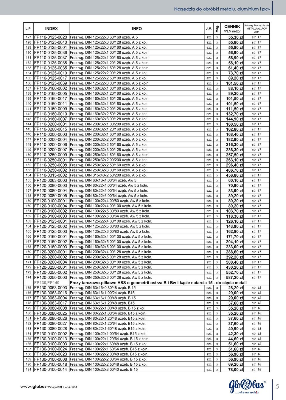 DIN 125x22x1,00/128 uz b. A 5 z kołn. szt. x 56,90 zł str. 17 131 FP110-0125-0037 Frez wg. DIN 125x22x1,00/160 uz b. A 5 z kołn. szt. x 56,90 zł str. 17 132 FP110-0125-0038 Frez wg.