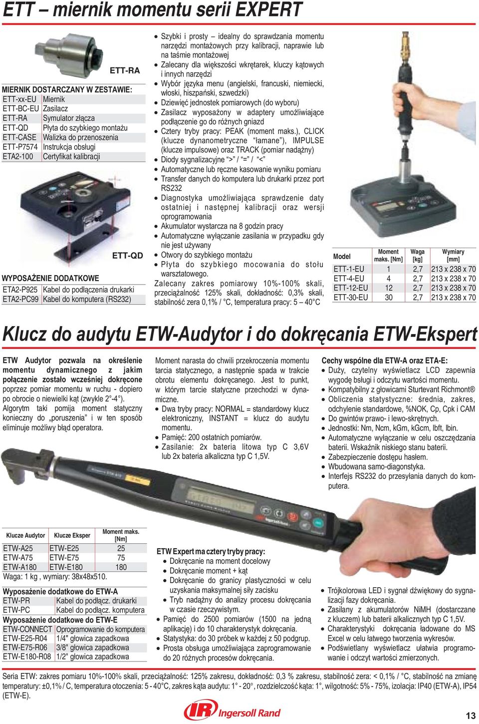 sprawdzania momentu narzêdzi monta owych przy kalibracji, naprawie lub na taœmie monta owej Zalecany dla wiêkszoœci wkrêtarek, kluczy k¹towych i innych narzêdzi Wybór jêzyka menu (angielski,