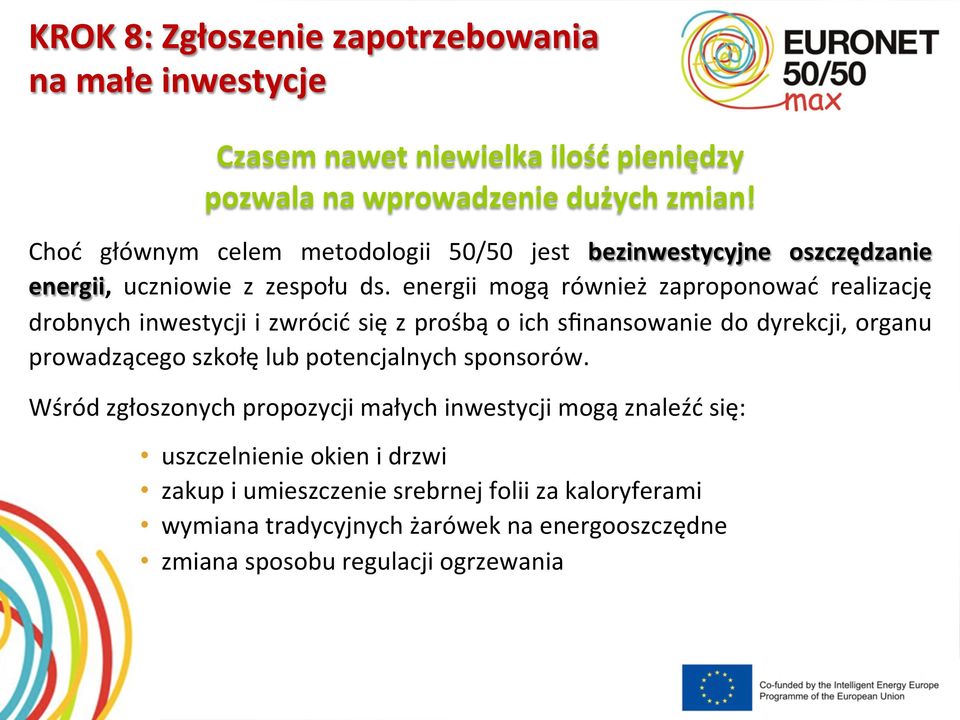energii mogą również zaproponować realizację drobnych inwestycji i zwrócić się z prośbą o ich sfinansowanie do dyrekcji, organu prowadzącego szkołę lub