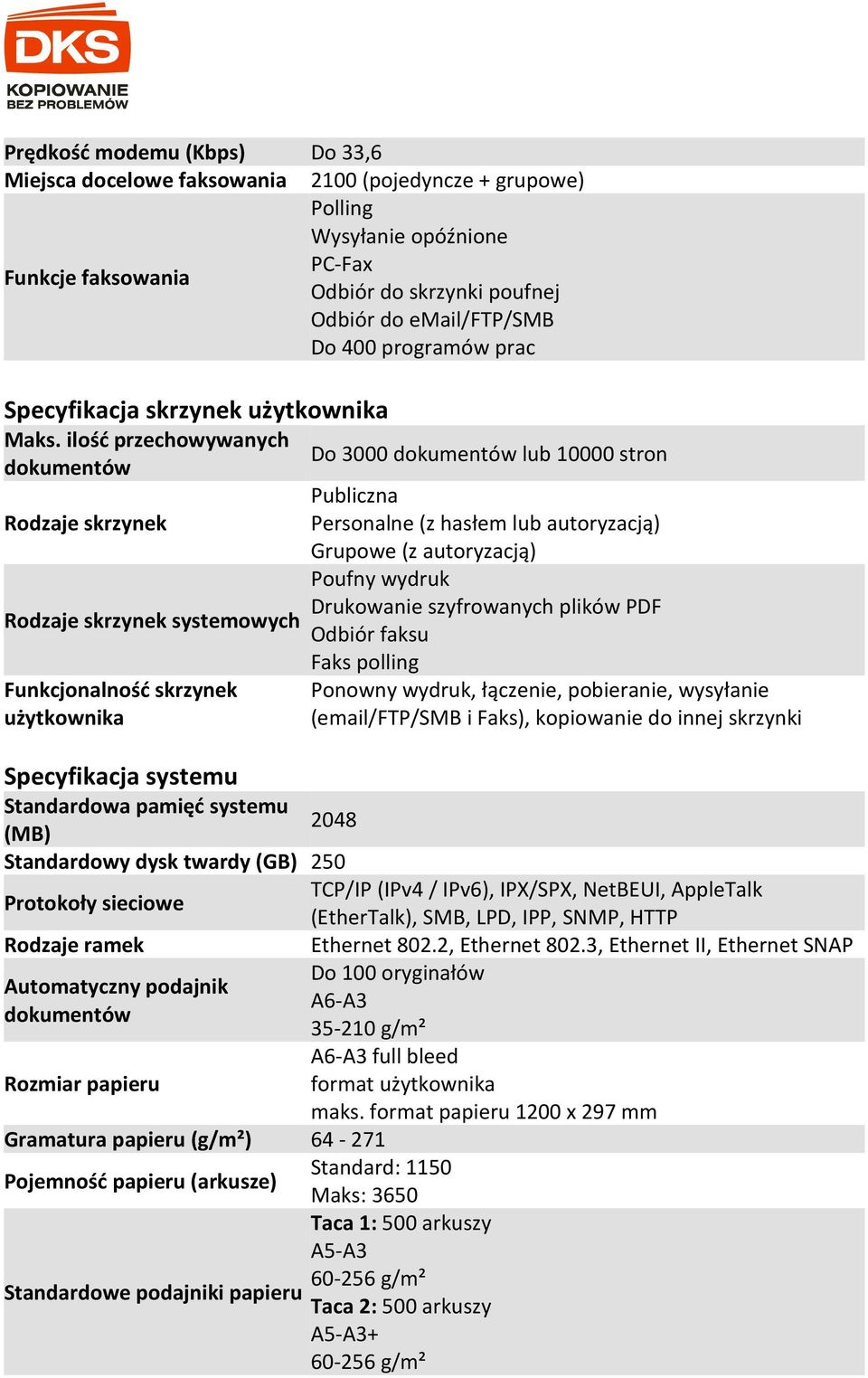 ilość przechowywanych dokumentów Rodzaje skrzynek Rodzaje skrzynek systemowych Funkcjonalność skrzynek użytkownika Specyfikacja systemu Standardowa pamięć systemu Do 3000 dokumentów lub 10000 stron