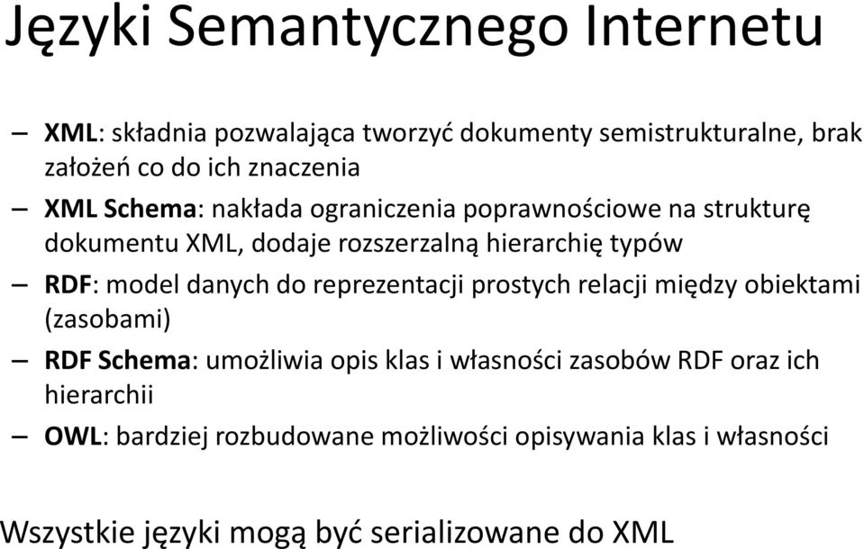 danych do reprezentacji prostych relacji między obiektami (zasobami) RDF Schema: umożliwia opis klas i własności zasobów RDF