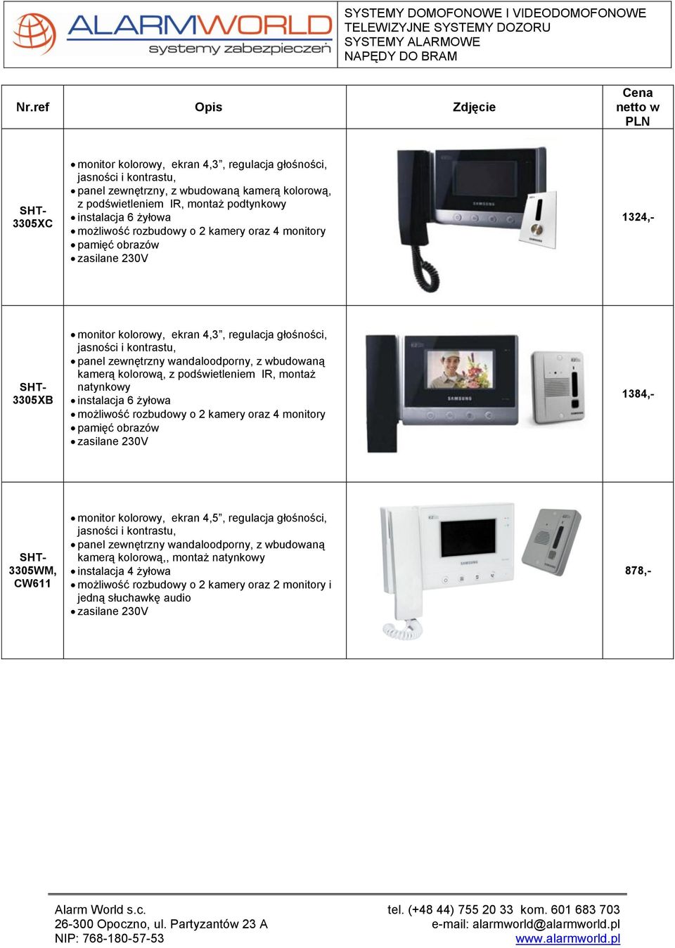 podświetleniem IR, montaż natynkowy możliwość rozbudowy o 2 kamery oraz 4 monitory pamięć obrazów 1384,- 3305WM, CW611 monitor kolorowy, ekran