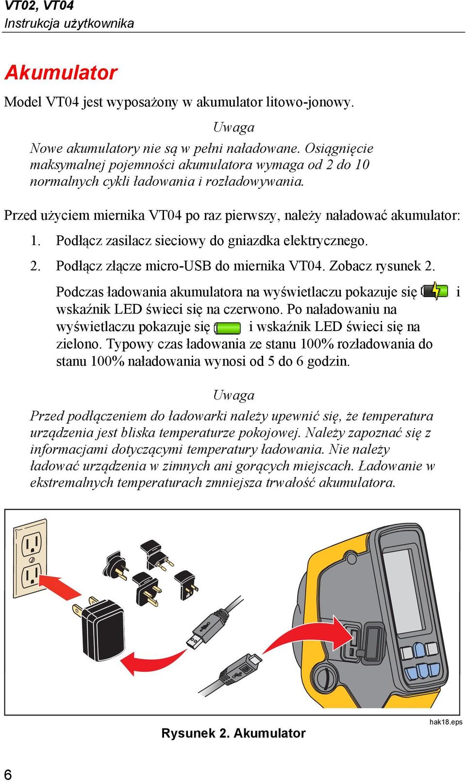 Podłącz zasilacz sieciowy do gniazdka elektrycznego. 2. Podłącz złącze micro-usb do miernika VT04. Zobacz rysunek 2.