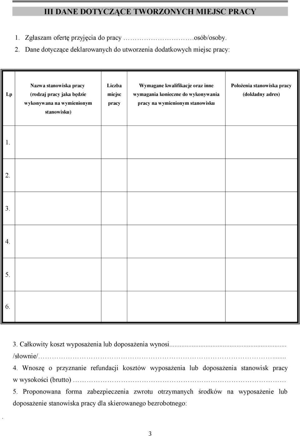 miejsc wymagania konieczne do wykonywania (dokładny adres) wykonywana na wymienionym pracy pracy na wymienionym stanowisku stanowisku) 1. 2. 3.