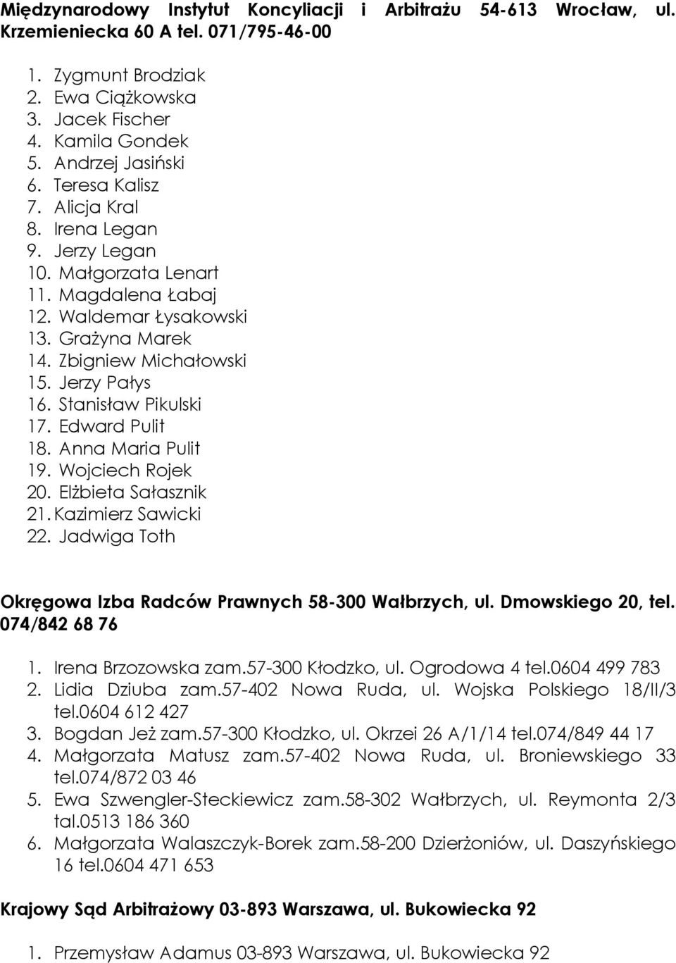 Stanisław Pikulski 17. Edward Pulit 18. Anna Maria Pulit 19. Wojciech Rojek 20. Elżbieta Sałasznik 21. Kazimierz Sawicki 22. Jadwiga Toth Okręgowa Izba Radców Prawnych 58-300 Wałbrzych, ul.
