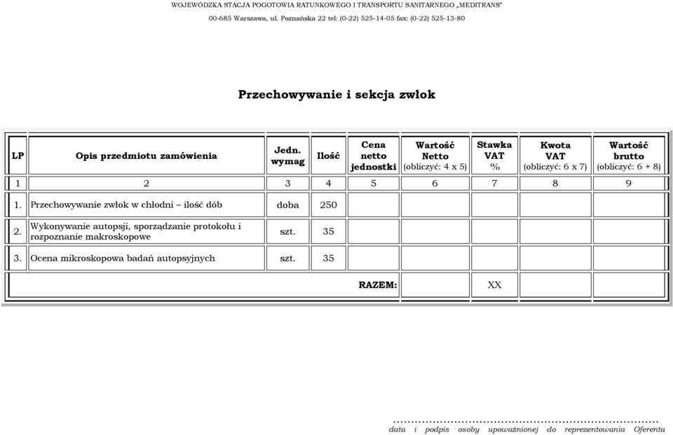 (obliczyć: 6 + 8) 1 2 3 4 5 6 7 8 9 1. Przechowywanie zwłok w chłodni ilość dób doba 250 2.