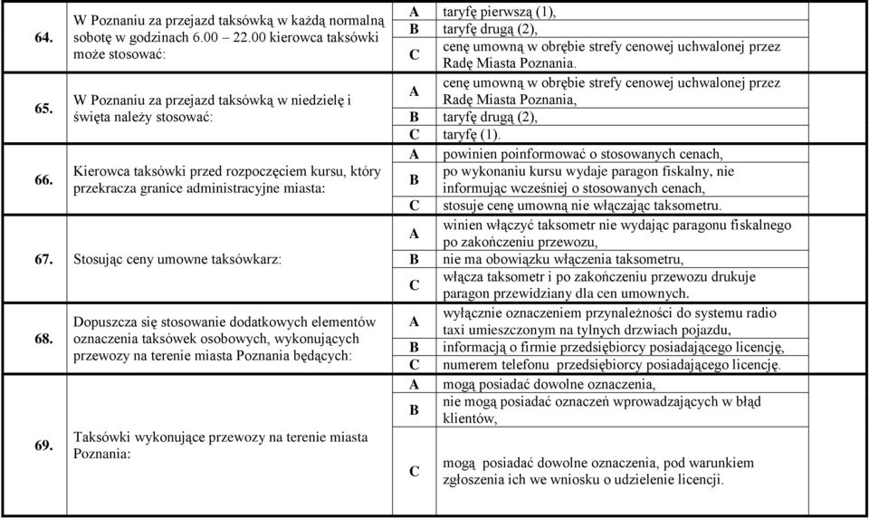 67. Stosując ceny umowne taksówkarz: 68. 69.