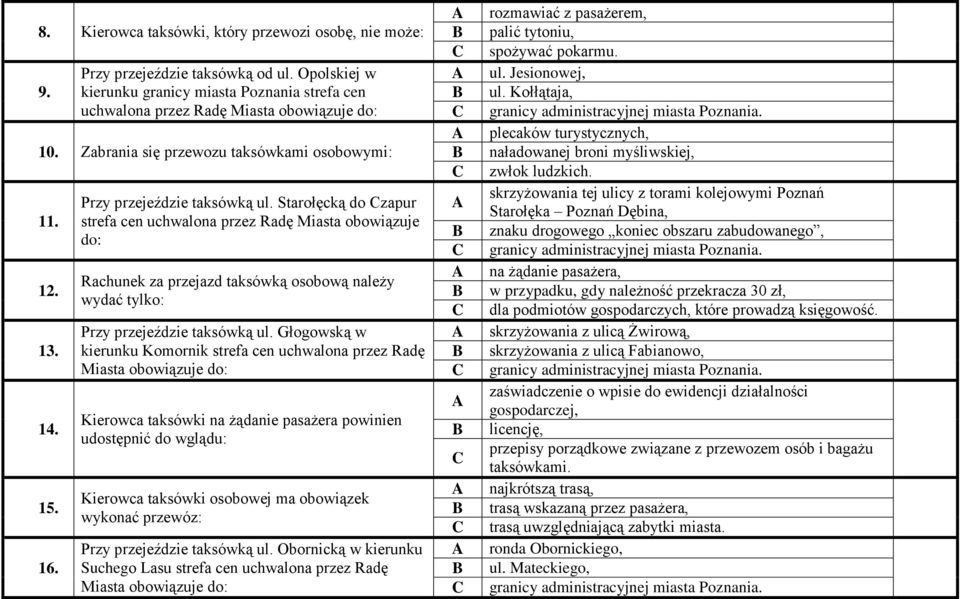 Starołęcką do zapur strefa cen uchwalona przez Radę Miasta obowiązuje do: Rachunek za przejazd taksówką osobową należy wydać tylko: Przy przejeździe taksówką ul.