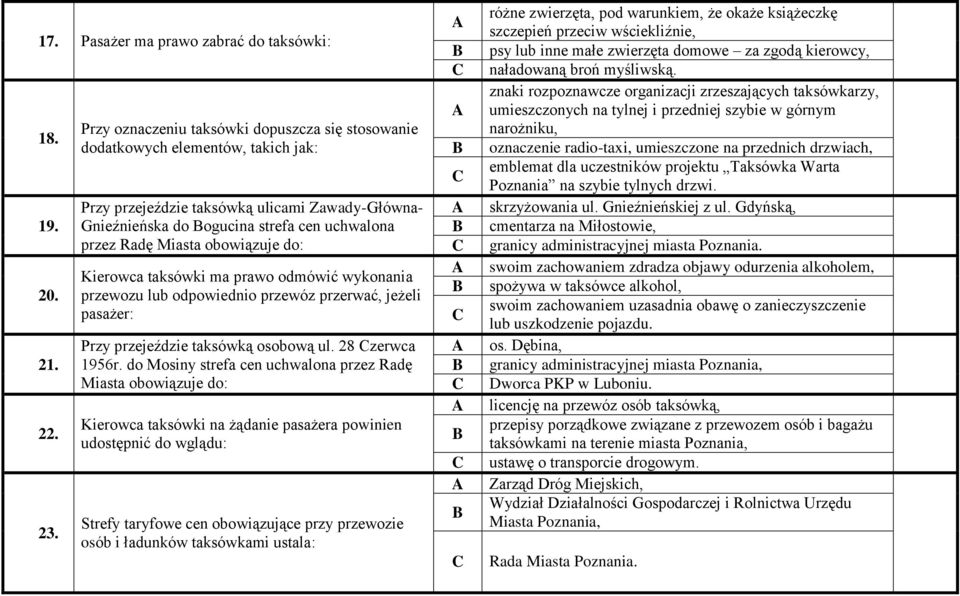 obowiązuje do: Kierowca taksówki ma prawo odmówić wykonania przewozu lub odpowiednio przewóz przerwać, jeżeli pasażer: Przy przejeździe taksówką osobową ul. 28 zerwca 1956r.
