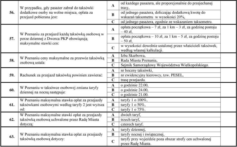 maksymalne stawki cen: W Poznaniu ceny maksymalne za przewóz taksówką osobową ustala: 59. Rachunek za przejazd taksówką powinien zawierać: 60. 61. 62. 63.