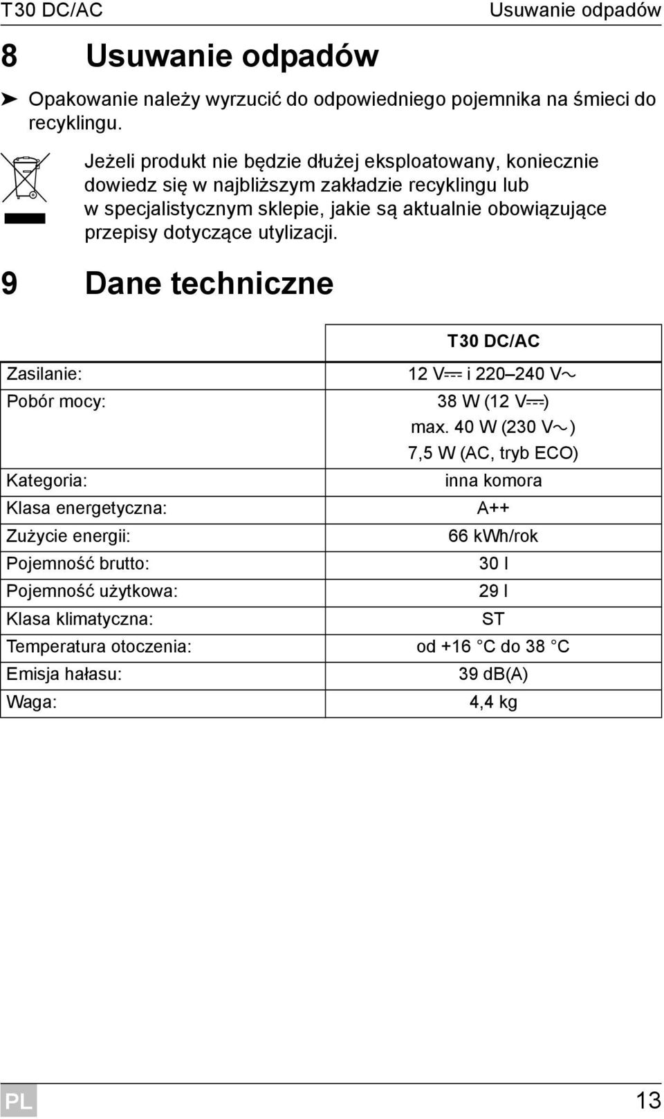 obowiązujące przepisy dotyczące utylizacji. 9 Dane techniczne T30 DC/AC Zasilanie: 12 Vg i 220 240 Vw Pobór mocy: 38 W (12 Vg) max.
