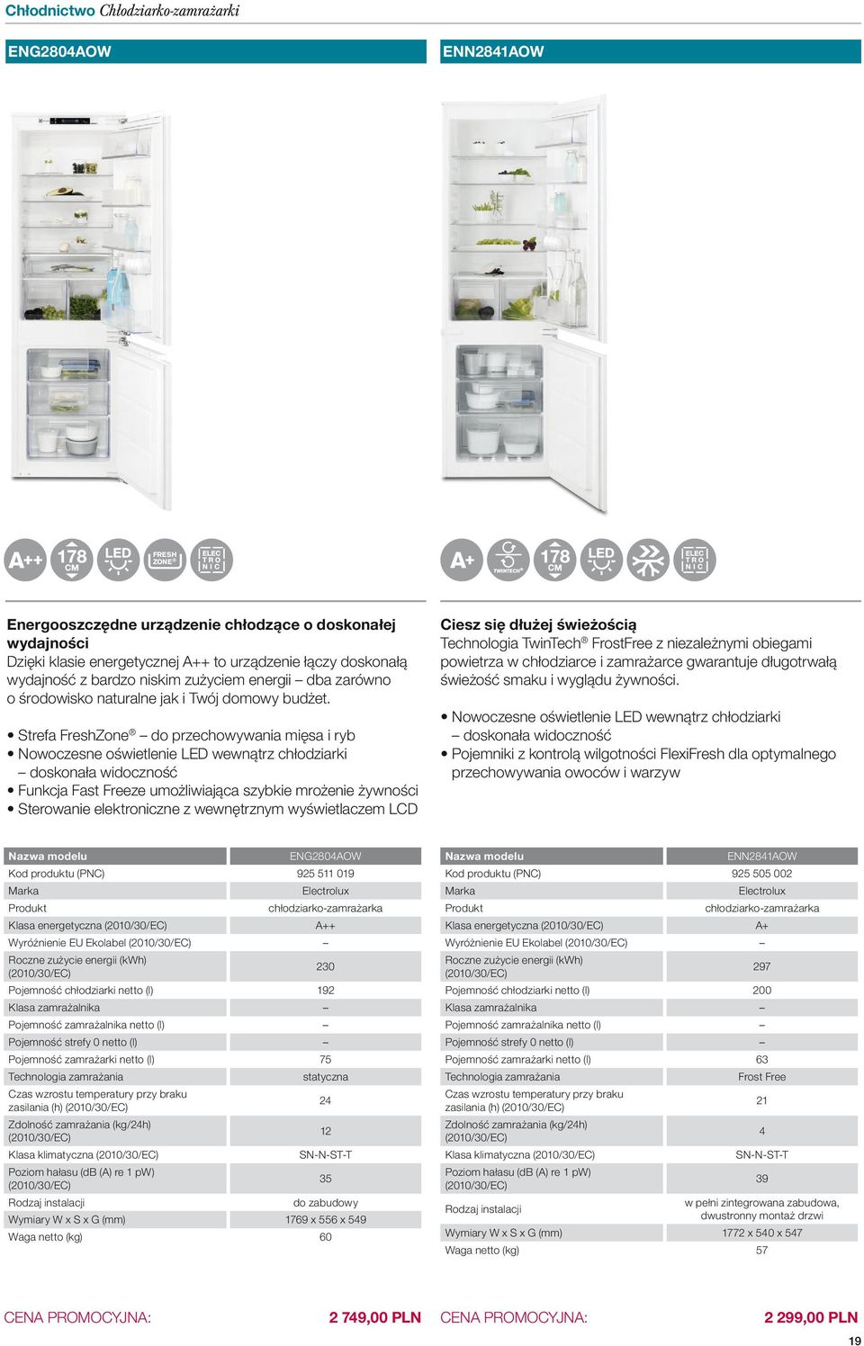 Strefa FreshZone do przechowywania mięsa i ryb Nowoczesne oświetlenie LED wewnątrz chłodziarki doskonała widoczność Funkcja Fast Freeze umożliwiająca szybkie mrożenie żywności Sterowanie