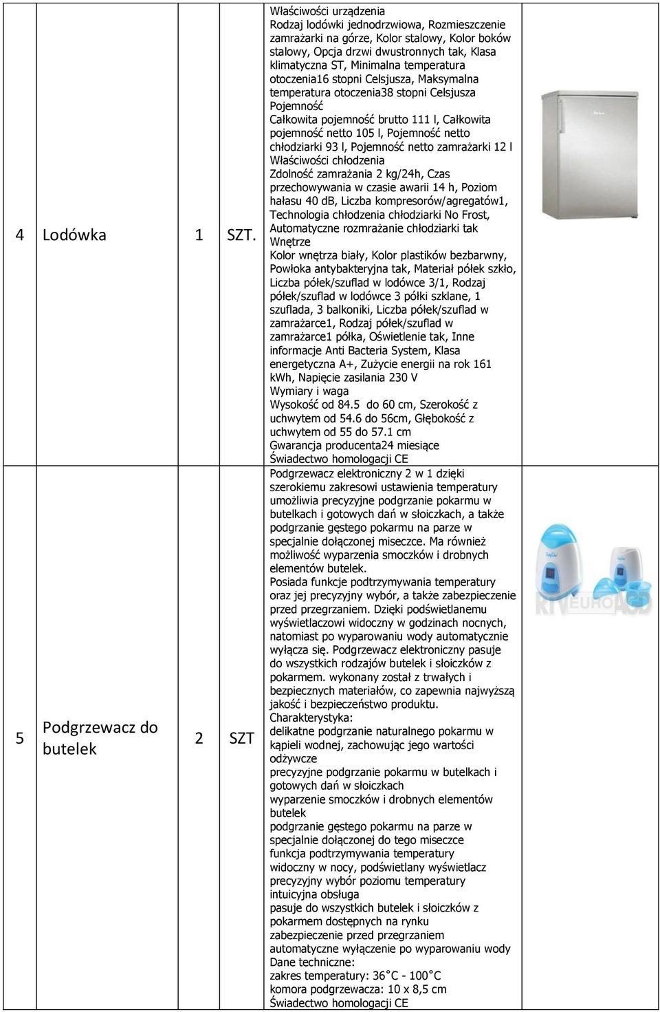 l, Pojemność netto chłodziarki 93 l, Pojemność netto zamrażarki 12 l Właściwości chłodzenia Zdolność zamrażania 2 kg/24h, Czas przechowywania w czasie awarii 14 h, Poziom hałasu 40 db, Liczba