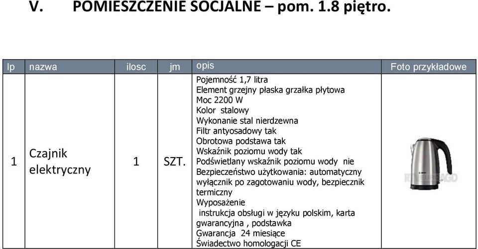 grzałka płytowa Moc 2200 W Kolor stalowy Wykonanie stal nierdzewna Filtr antyosadowy tak Obrotowa podstawa