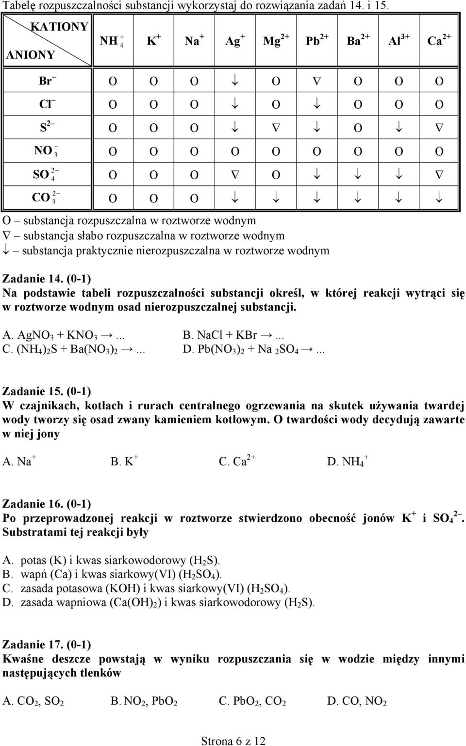 roztworze wodnym substancja słabo rozpuszczalna w roztworze wodnym substancja praktycznie nierozpuszczalna w roztworze wodnym Zadanie 14.