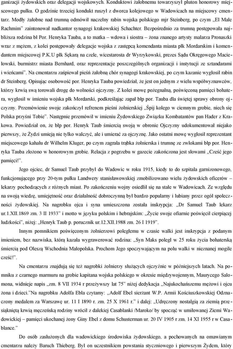 Modły żałobne nad trumną odmówił naczelny rabin wojska polskiego mjr Steinberg, po czym El Male Rachmim zaintonował nadkantor synagogi krakowskiej Schachter.