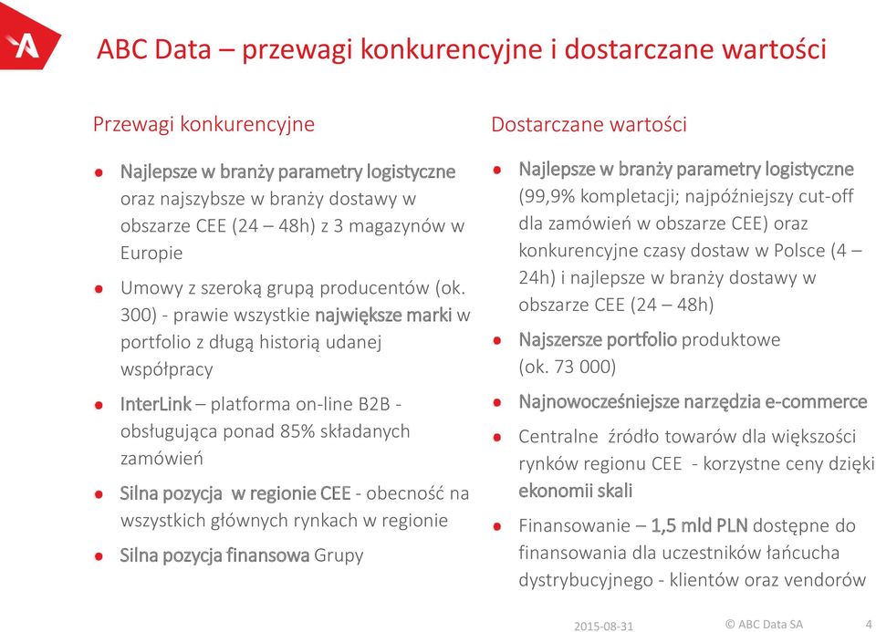 300) - prawie wszystkie największe marki w portfolio z długą historią udanej współpracy InterLink platforma on-line B2B - obsługująca ponad 85% składanych zamówień Silna pozycja w regionie CEE -