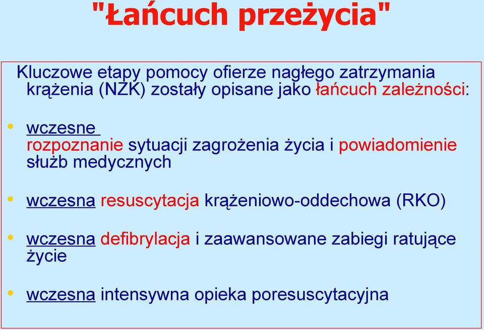 powiadomienie służb medycznych wczesna resuscytacja krążeniowo-oddechowa (RKO) wczesna