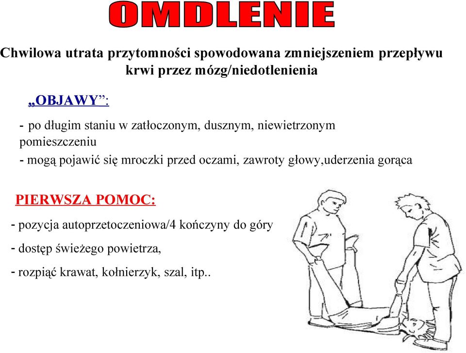 się mroczki przed oczami, zawroty głowy,uderzenia gorąca PIERWSZA POMOC: - pozycja