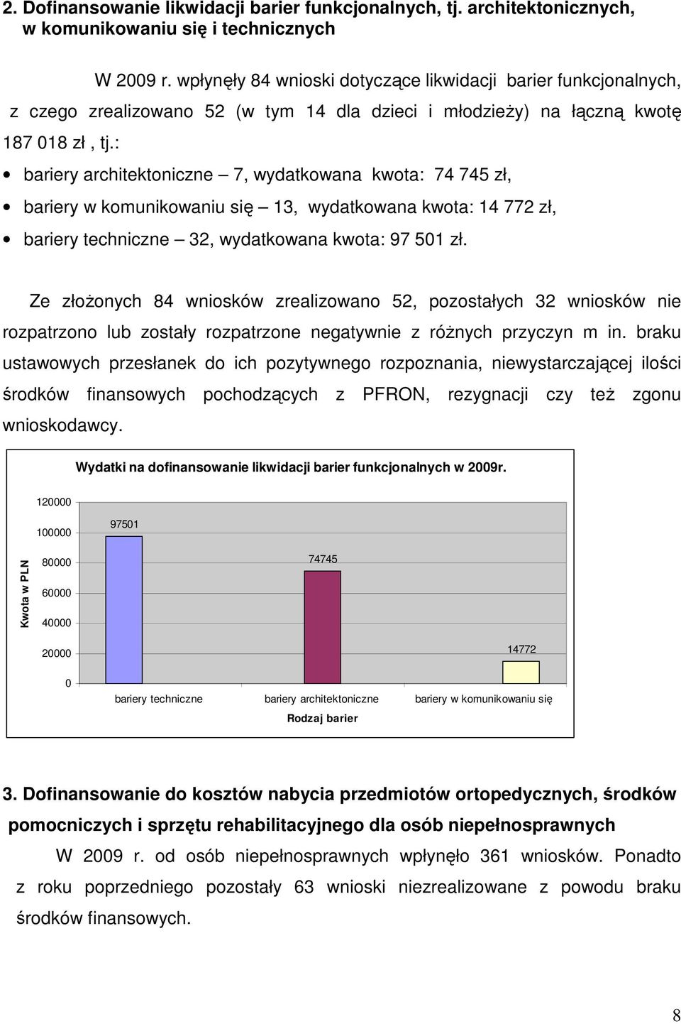 : bariery architektoniczne 7, wydatkowana kwota: 74 745 zł, bariery w komunikowaniu się 13, wydatkowana kwota: 14 772 zł, bariery techniczne 32, wydatkowana kwota: 97 501 zł.