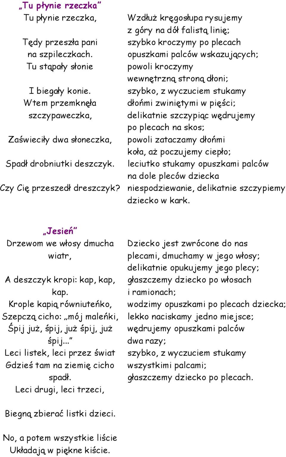 WzdłuŜ kręgosłupa rysujemy z góry na dół falistą linię; szybko kroczymy po plecach opuszkami palców wskazujących; powoli kroczymy wewnętrzną stroną dłoni; szybko, z wyczuciem stukamy dłońmi