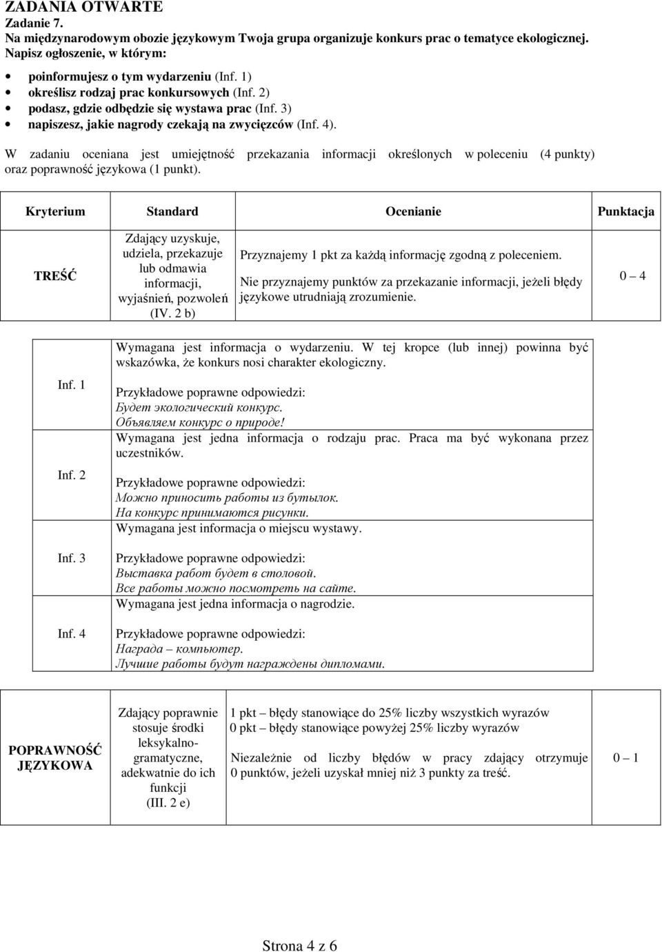 W zadaniu oceniana jest umiejętność przekazania informacji określonych w poleceniu (4 punkty) oraz poprawność językowa (1 punkt).