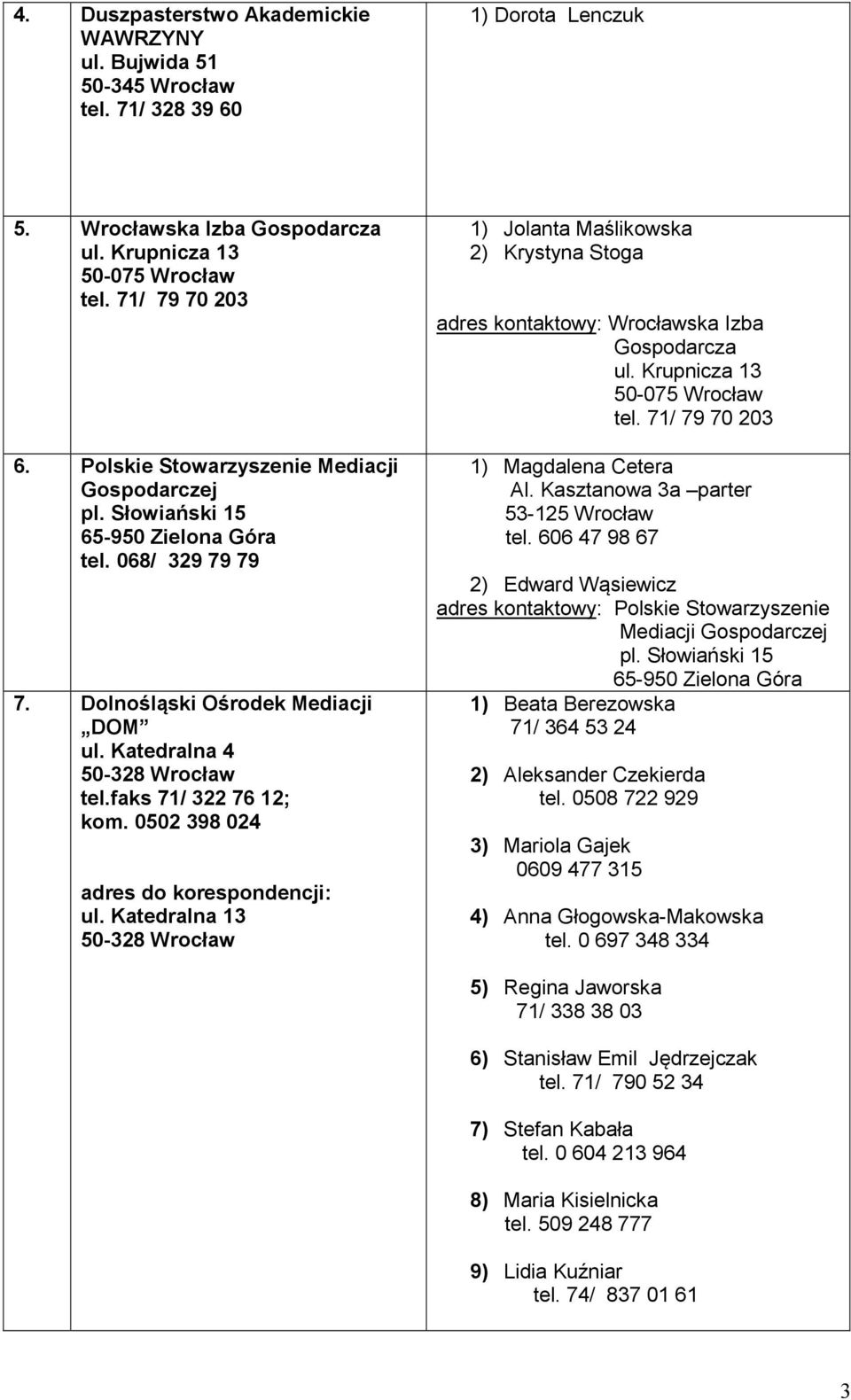 0502 398 024 adres do korespondencji: ul. Katedralna 13 50-328 Wrocław 1) Jolanta Maślikowska 2) Krystyna Stoga adres kontaktowy: Wrocławska Izba Gospodarcza ul. Krupnicza 13 50-075 Wrocław tel.